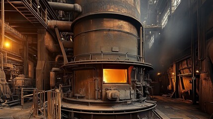 Old steel mill arc furnace glows warmly in the dim industrial environment with intricate machinery and aged structures surrounding it