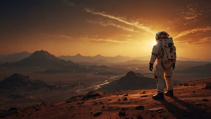 Fototapeta premium Astronaut standing alone on Mars watching a mountain sunset.