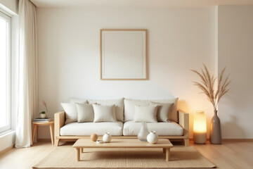 Fototapeta premium Minimalist home interior design of modern living room. The decor includes ceramic vases, minimalist wall art, a woven rug, and soft ambient lighting