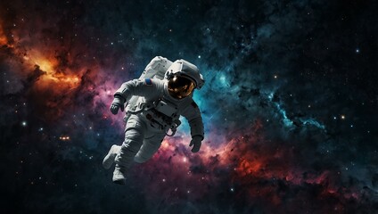 Fototapeta premium Astronaut stepping into a galactic universe through a wall.