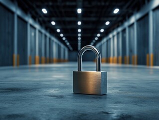 Heavy-duty disc padlock exemplifying security at a storage facility amid urban hustle and bustle