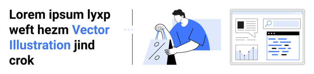 Man in blue shirt interacting with laptop, digital dashboard with graphs, charts, search bar. Ideal for business, technology, analytics, data visualization, teamwork productivity digital marketing