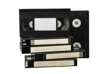 A stack of vintage VHS tapes on a transparent background