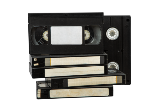 A stack of vintage VHS tapes on a transparent background