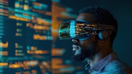 Programmer setting up an engaging virtual reality demonstration in a modern corporate conference room filled with advanced technology and vibrant graphics