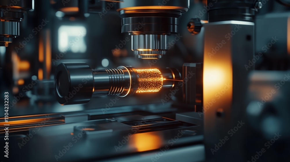 Poster close-up view of high-tech spectrometer testing steel sample in advanced laboratory setting with sci