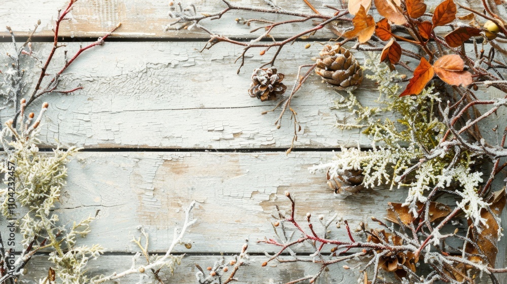 Poster White background with a bunch of pine cones and branches. The pine cones are scattered around the branches and some are on the ground. The branches are of different sizes