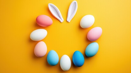 Top view of Easter bunny ears and white, pink, blue, and yellow eggs arranged in a playful circular pattern on a pastel background, with ample copyspace in the center