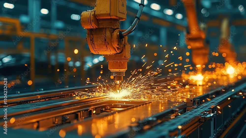 Aufkleber robotic arm performs precise welding on automotive assembly line in a modern factory environment wit