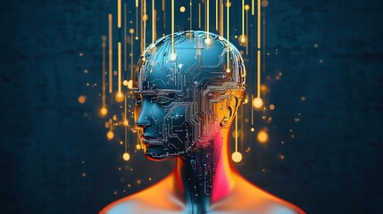 Exploration of artificial intelligence through a digital head with circuit patterns and vibrant lights in a futuristic setting