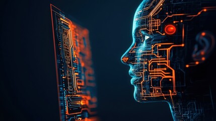 Exploration of artificial intelligence showcasing a futuristic humanoid with circuitry details interacting with a digital interface in a dark setting