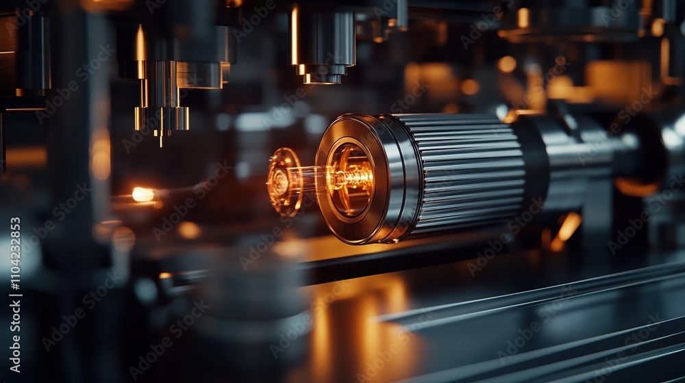 Poster close-up view of advanced spectrometer analyzing steel in high-tech laboratory environment