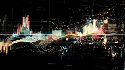 A complex digital stock chart with overlays of financial ratios and market trends