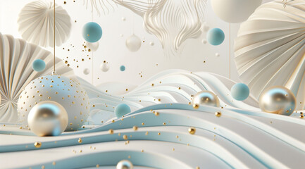 abstract background with white and blue Christmas ornaments and waves