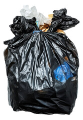 Overflowing black trash bag filled with various types of waste in a residential area