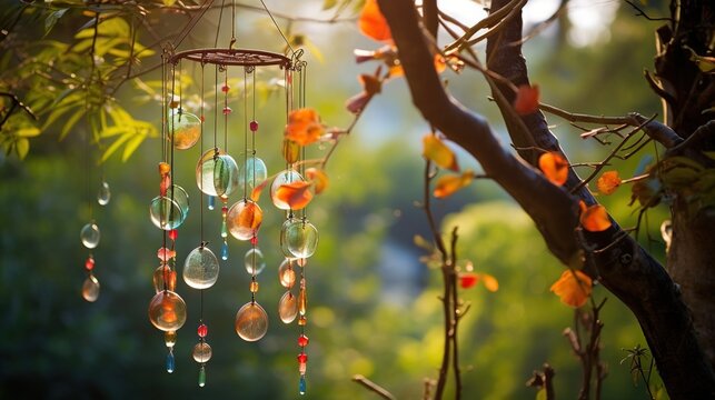 A colorful wind chime hangs from a tree branch many beads and pieces of glass dangle.