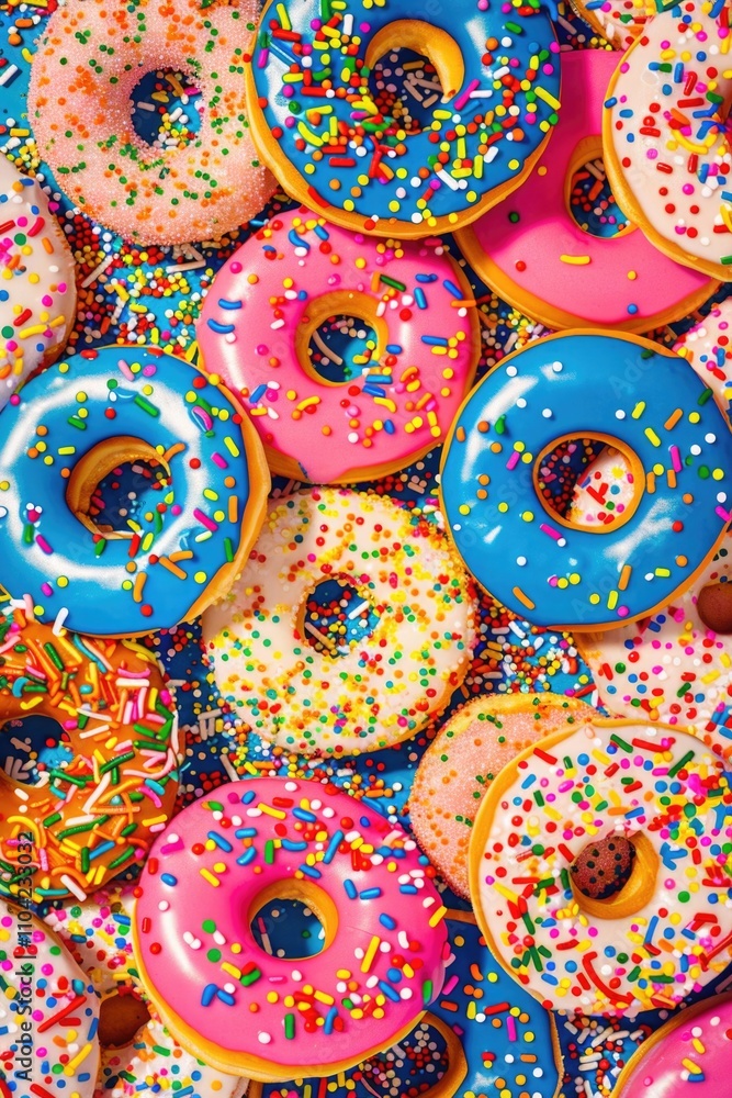 Poster a large assortment of colorful donuts, some with fruit loops and sprinkles, arranged in a visually a
