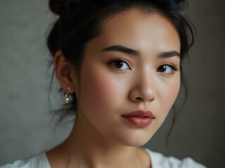Naklejka premium Attractive Asian woman with pinned-up hair, close-up.