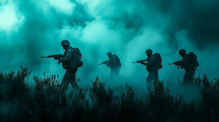 Silhouetted soldiers in misty landscape with blue-green tones