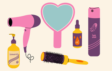 Daily hair care. Hair styling. Hair dryer, shampoo, hairspray.