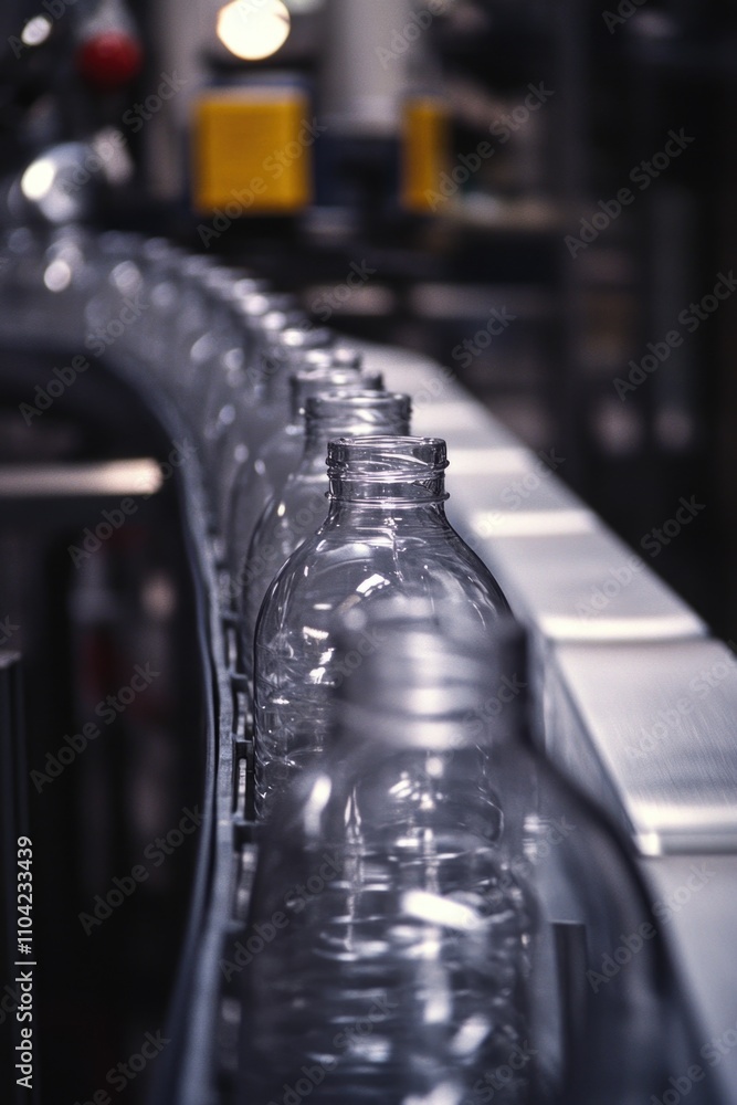 Aufkleber view of bottle production line in a factory with automated machinery assembling the containers, show