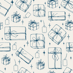 Seamless pattern with gift boxes,ribbon bows and sparkling stars. Doodle vector illustration.