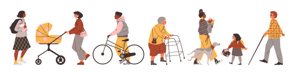 People are walking. Side view.