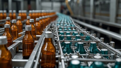 Obraz premium Automated line with bottles moving on a conveyor.