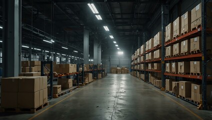 Automated logistics warehouse with industrial lighting and busy atmosphere.