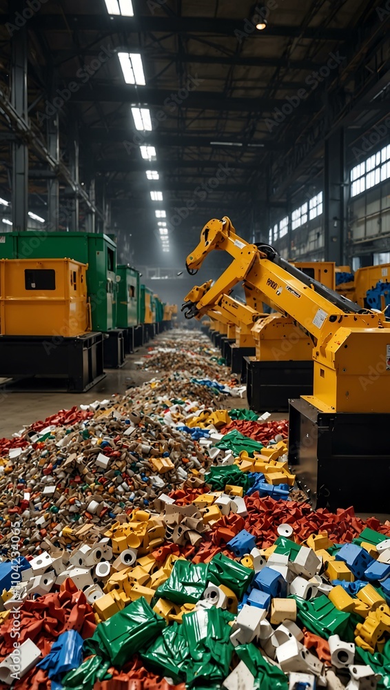 Poster automated waste management facility with vibrant sorting robots.
