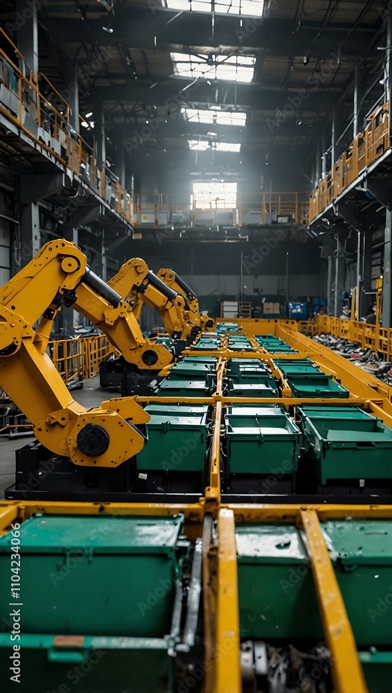 Poster automated waste management facility with vibrant sorting robots.