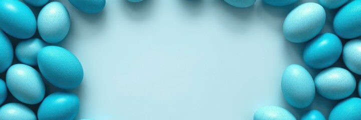 Bright blue eggs arranged in a decorative pattern on a soft blue background for spring celebrations