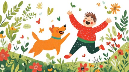 Obraz premium A joyful child and a playful dog surrounded by colorful flowers and butterflies.