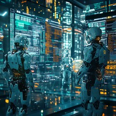 Robots analyzing data at a futuristic technology hub urban environment digital art sci-fi concept