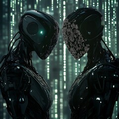 Futuristic robots engaging in digital dialogue virtual space digital art piece sci-fi ambiance close-up viewpoint
