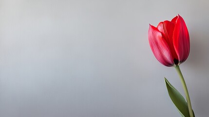 Fototapeta premium A single vibrant red tulip against a soft grey background, close-up shot, Minimalist style