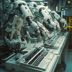 Robotic automation in high-tech manufacturing facility industrial environment futuristic technology close-up view