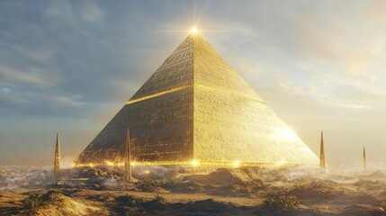 Futuristic Ancient-Egyptian Golden Pyramid with Crystal Cores and High-Tech Oasis Landscape | Ultra-Detailed Sci-Fi Fantasy Artwork