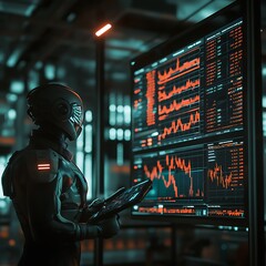 Futuristic data analysis high-tech laboratory digital interface urban environment close-up view innovation insights