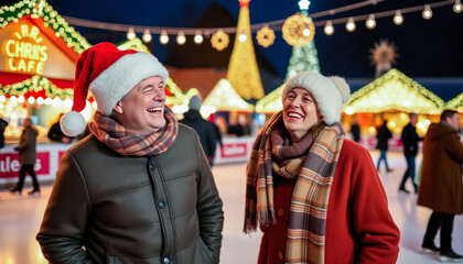 Obraz premium Joyful Man and Woman at Christmas Market Ice Rink
