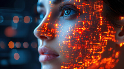 Woman with digital overlay illustrating futuristic technology and human emotion in a dynamic urban setting. Generative AI