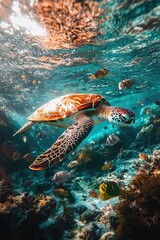 Obraz premium Turtle swimming in ocean among colorful coral and fish
