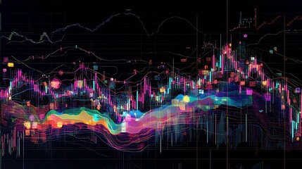 A vibrant digital stock chart with a mix of candlestick patterns and colorful indicators