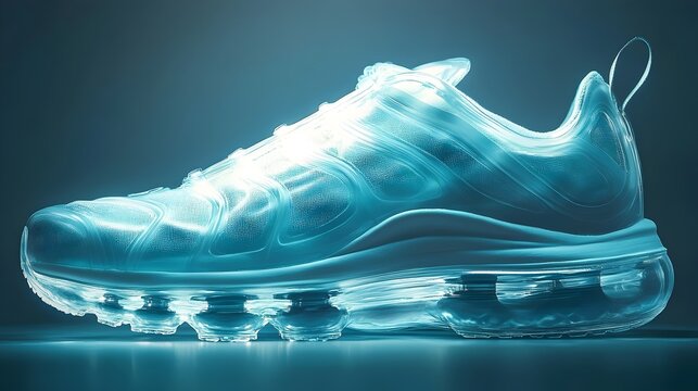 A shoe with a blue and white design is shown in a light blue color