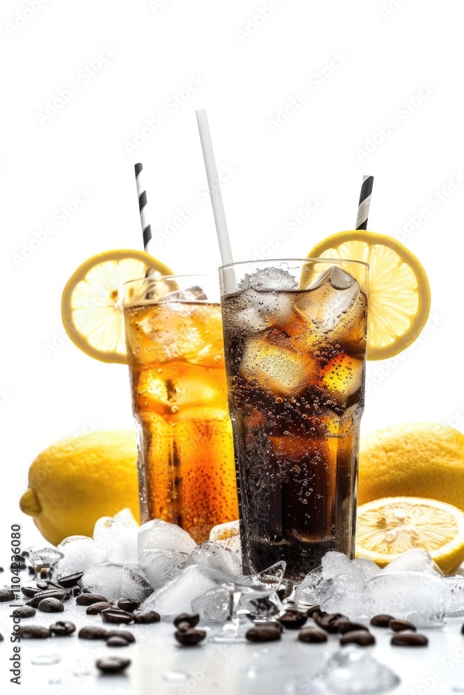 Poster refreshing beverage with ice cubes and lemon slices for a zesty taste.