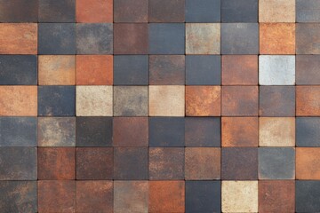 Stylish interior design of a cafe with a colorful patchwork wall and wooden chairs