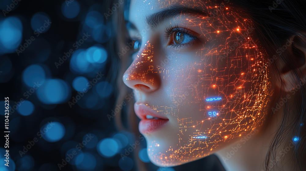 Aufkleber digital imagery of a woman with glowing face patterns in a futuristic setting during evening hours. 