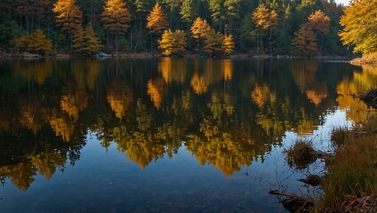 Autumn forest reflecting in Lake Baltieji Lakajai at Labanoras Regional Park.