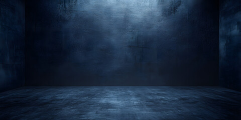 Empty dark concrete wall room studio background and floor perspective with blue soft light well editing displays product and text present on free space cement backdrop