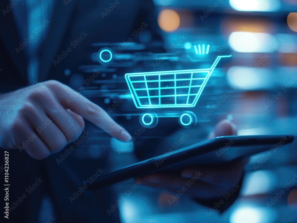 Poster hand gesturing on touch screen tablet with futuristic online shopping technology, virtual reality in